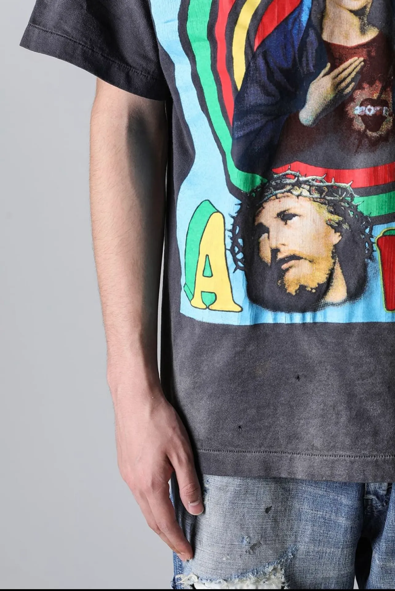 SAINT MICHAEL SS TEE/ON EARTH/BLK Jesus, Mary, Holy Infant Earth TEE Ready-to-wear Assut special piece dyeing, washed and distressed Vintage process, front and rear super complex super large printing, top purchasing agent technology